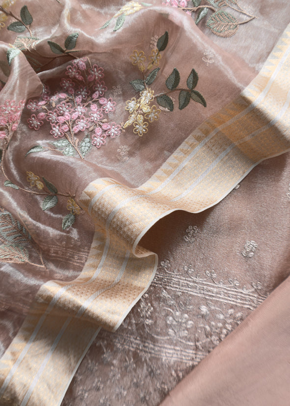 Luxe Cheeku Handloom Tissue Silk Suit Adorned With Gold Pitta Work And Resham Embroidery