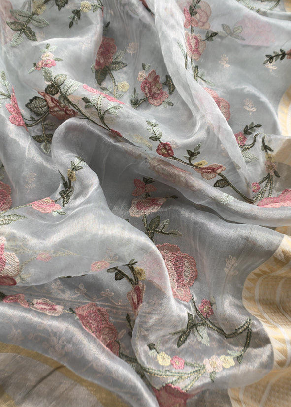 Luxe Powder Blue Handloom Tissue Silk Suit Adorned With Gold Pitta Work And Resham Embroidery