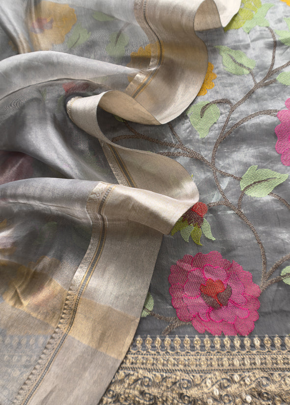 Luxe Steel Gray Handloom Tissue Silk Suit With Sequin And Bharwa Resham Embroidery