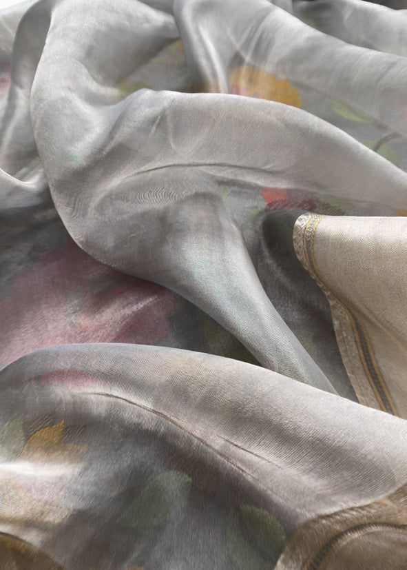 Luxe Steel Gray Handloom Tissue Silk Suit With Sequin And Bharwa Resham Embroidery