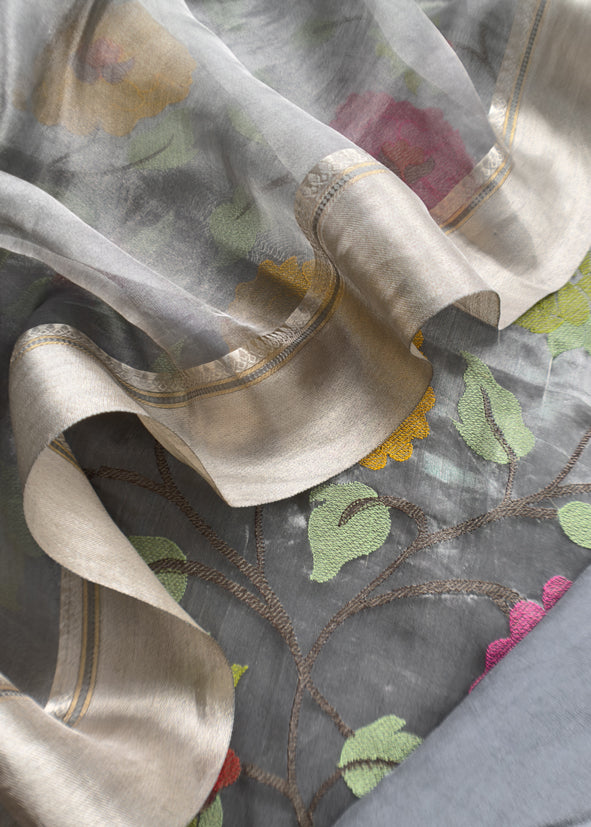Luxe Steel Gray Handloom Tissue Silk Suit With Sequin And Bharwa Resham Embroidery
