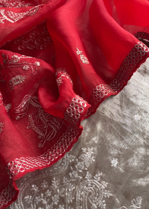 Luxe Golden Red Dulhan Handloom Tissue Silk Kurta And Kora Silk Dupatta With Pitta Hand Work