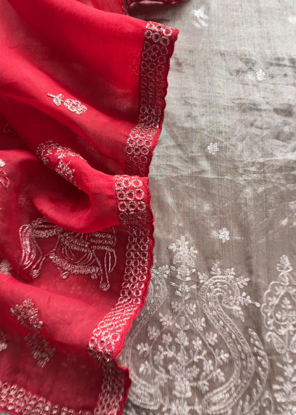 Luxe Golden Red Dulhan Handloom Tissue Silk Kurta And Kora Silk Dupatta With Pitta Hand Work