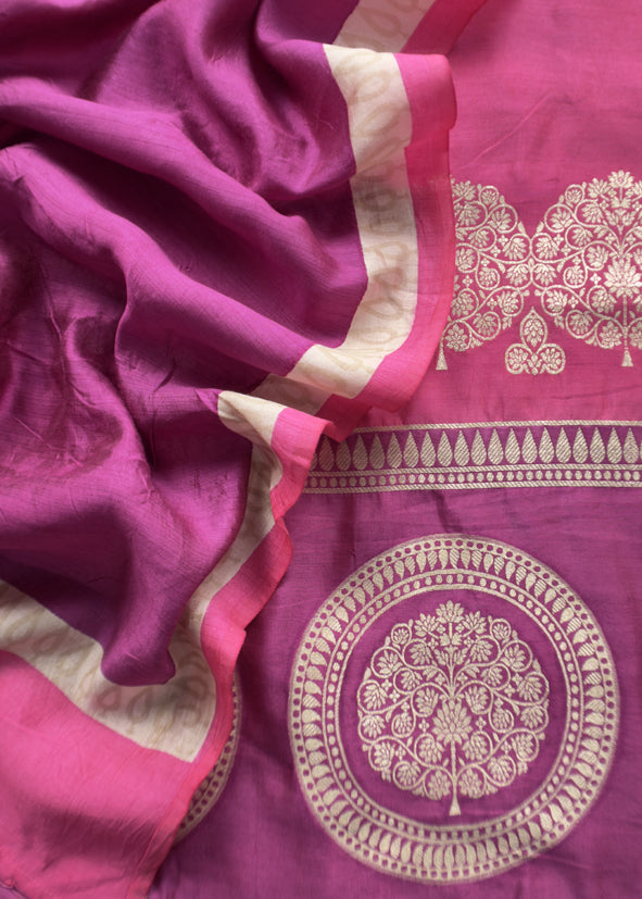 Luxe Pink And Purple Designer Handwoven Silk Suit Fabric With Zari Weaving