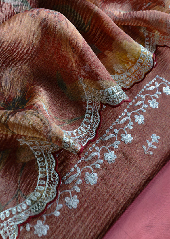 Chocolate Brown Handloom Crushed Tissue Silk Kurta And Brushprint Dupatta With Gold Pitta Work