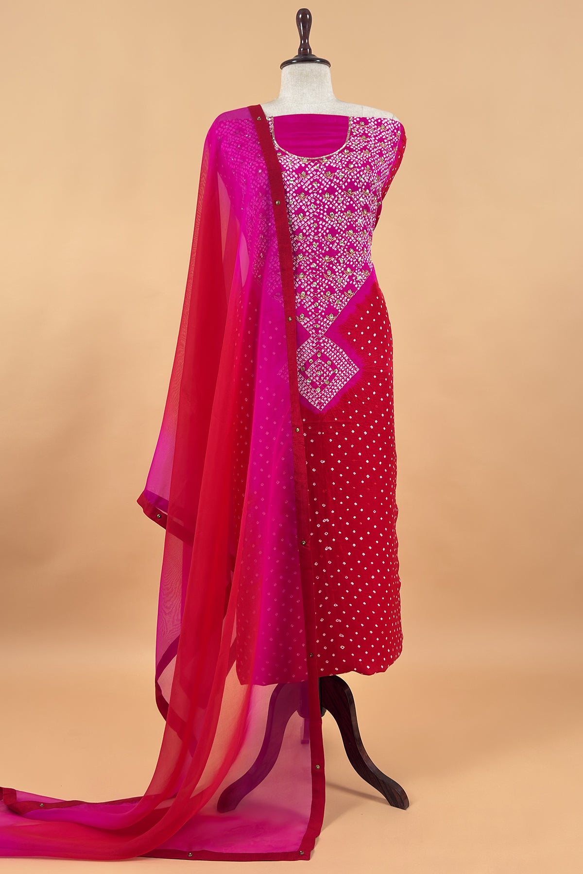 Red Pink Handloom Gajji Silk Suit And Hand-Dyed Bandhani With Sequin Dori Embroidery