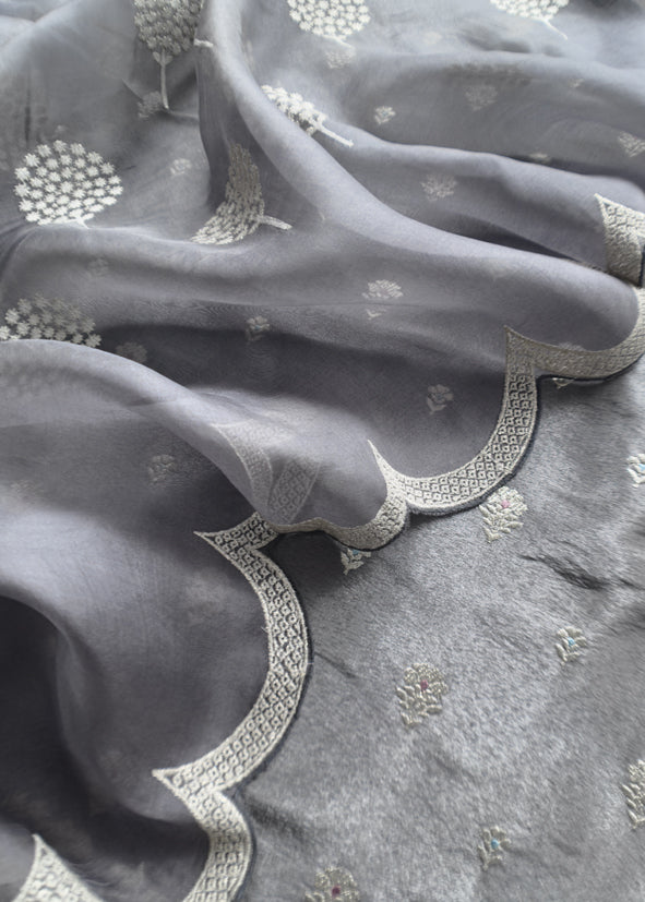 Luxe English Blue Handloom Silk Suit With Kora Silk Dupatta Adorned With Gold Pitta Work And Resham Embroidery