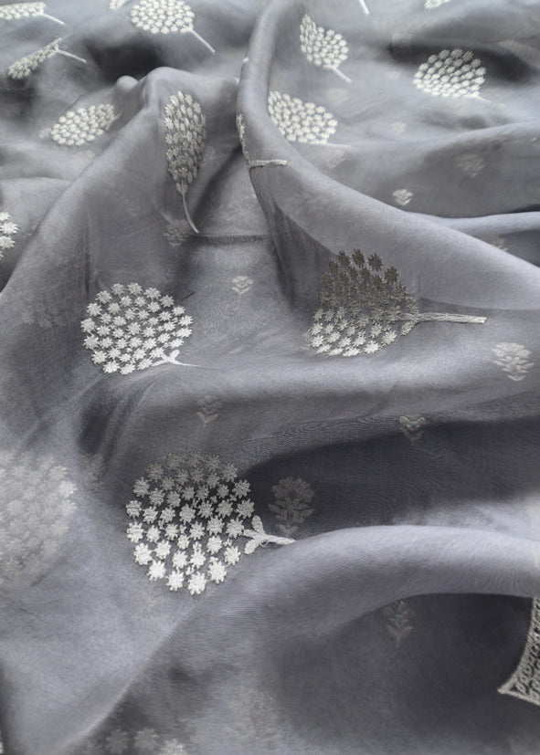 Luxe English Blue Handloom Silk Suit With Kora Silk Dupatta Adorned With Gold Pitta Work And Resham Embroidery