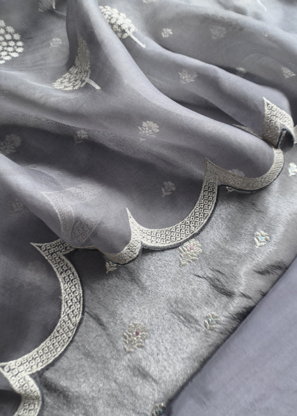 Luxe English Blue Handloom Silk Suit With Kora Silk Dupatta Adorned With Gold Pitta Work And Resham Embroidery