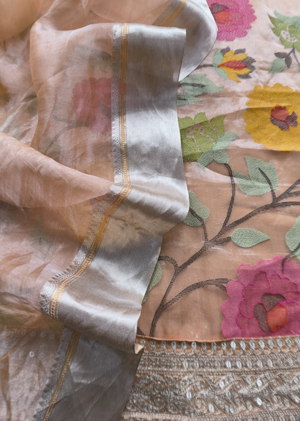 Luxe Sunset Orange Handloom Tissue Silk Suit with Sequin And Bharwa Resham Embroidery