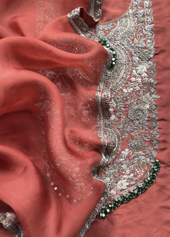 Rangreza 2025 Reddish Brown Luxe Handloom Raw Silk Kurta and Kora Silk dupatta with Handwork