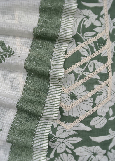Green Cotton Unstitched Salwar Suit with Off-White Dupatta