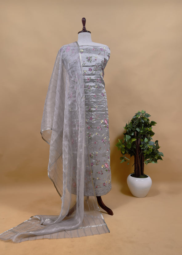 Luxe Silver Gray Pure Silk Suit And Kora Silk Dupatta With Sequins And Bharwa Embroidery