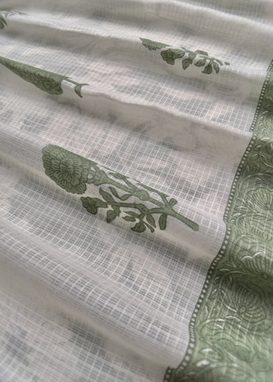 Green Cotton Unstitched Salwar Suit with Off-White Dupatta