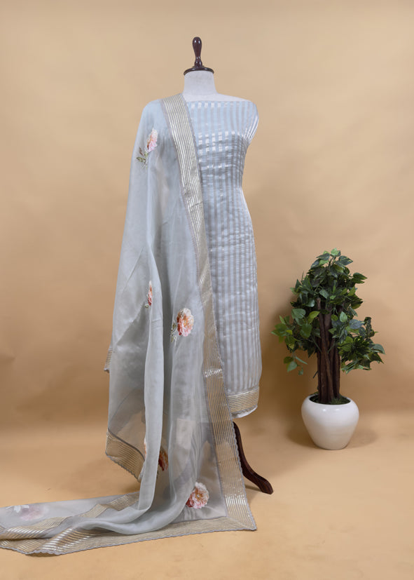 Powder Blue Luxe Zari Woven Handloom Kora Silk Suit Fabric With Gotapatti, Appliqué And Kantha Stitch Handwork