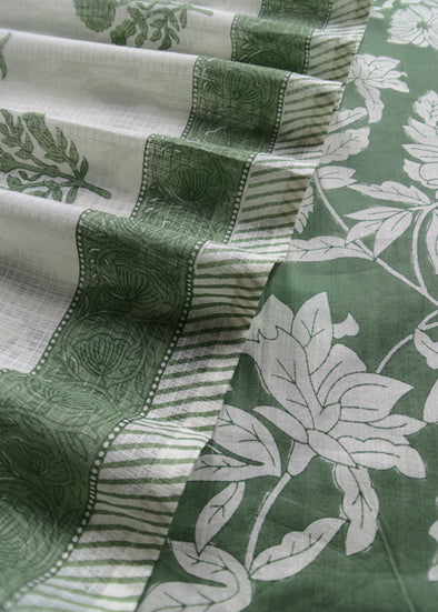 Green Cotton Unstitched Salwar Suit with Off-White Dupatta
