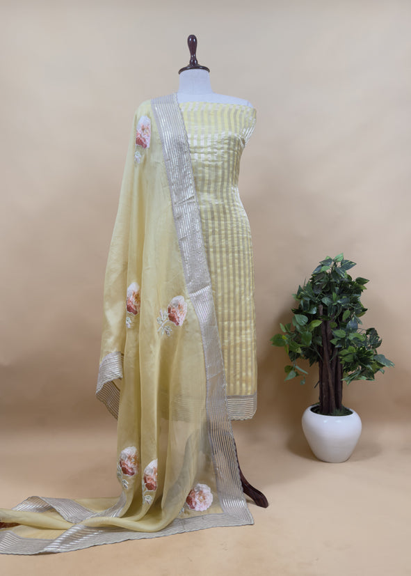 Powder Blue Luxe Zari Woven Handloom Kora Silk Suit Fabric With Gotapatti, Appliqué And Kantha Stitch Handwork
