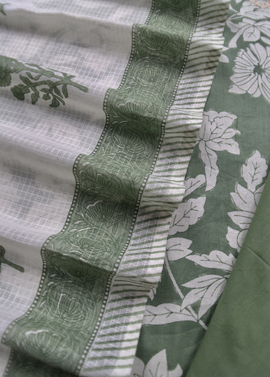 Green Cotton Unstitched Salwar Suit with Off-White Dupatta