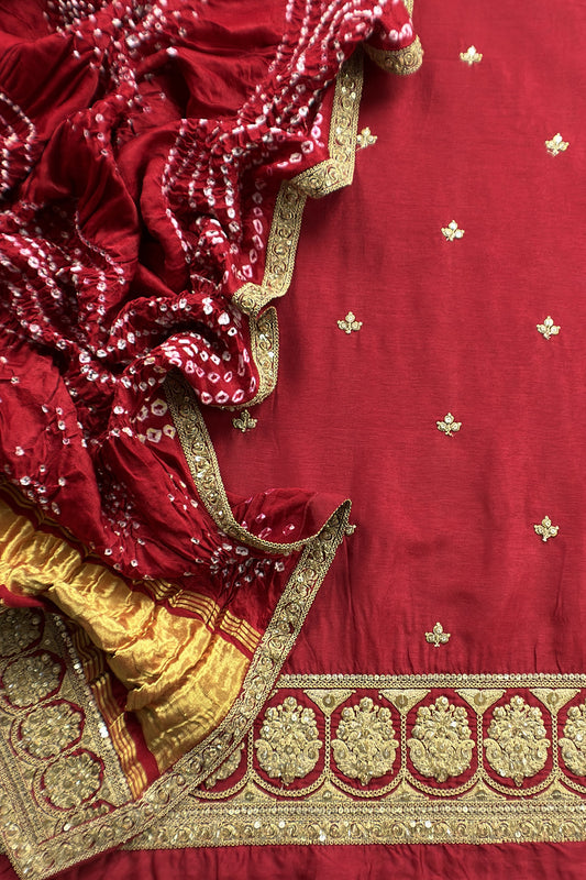 Sabhya Red Bandhani Pure silk Unstitched Suit with Dori and Dabka Handwork