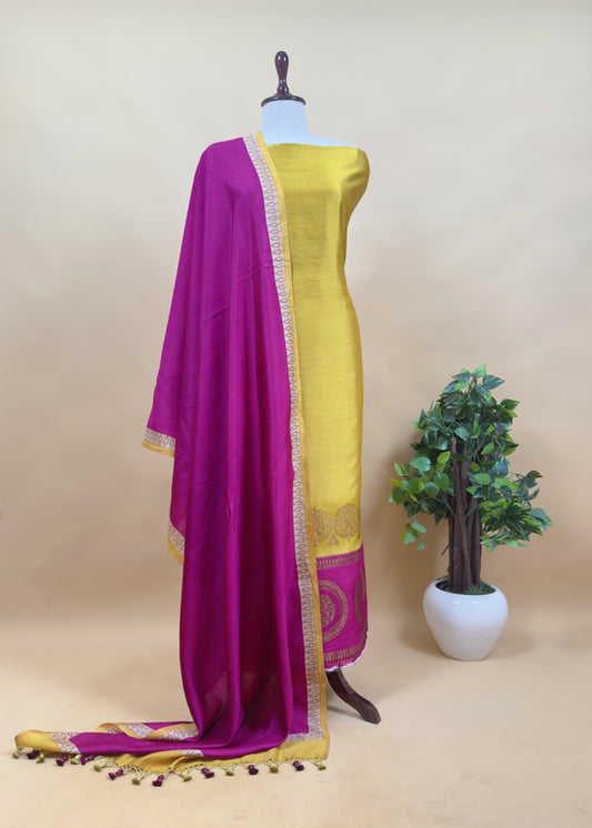 Luxe Pear Green And Wine Designer Handwoven Silk Suit Fabric With Zari Weaving