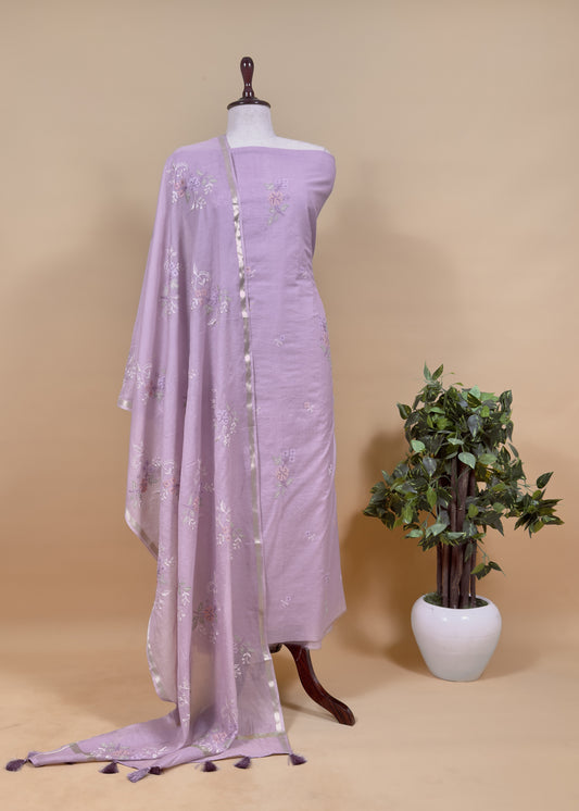 Lilac Pure Mul Cotton Suit with Cross Stitch Embroidery