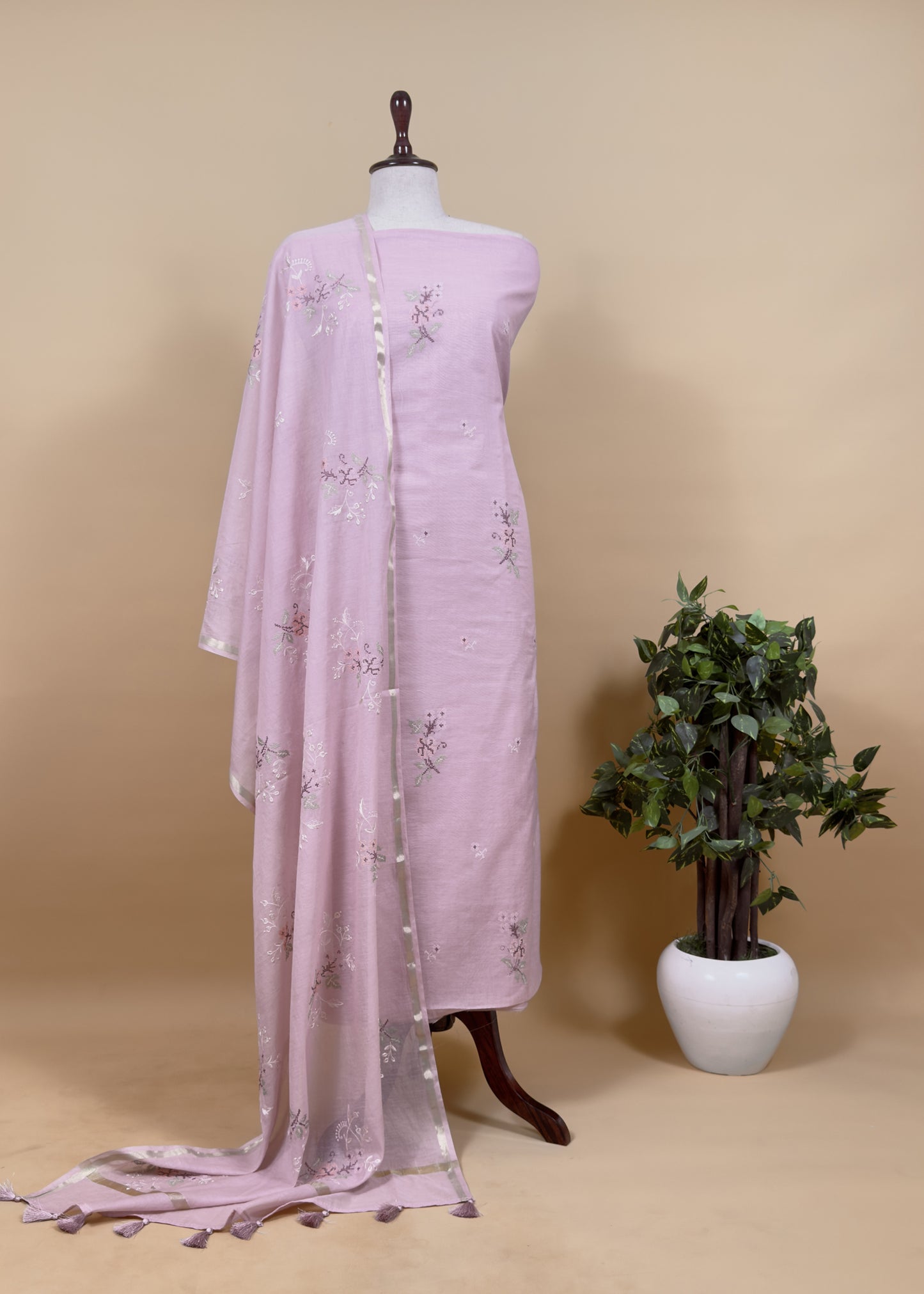 Flamingo Pink Pure Mul Cotton Suit with Cross Stitch Embroidery
