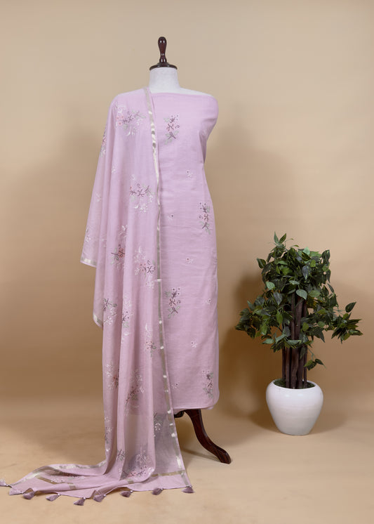 Flamingo Pink Pure Mul Cotton Suit with Cross Stitch Embroidery