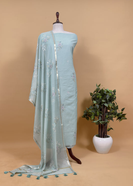 Light Cyan Pure Mul Cotton Suit with Cross Stitch Embroidery