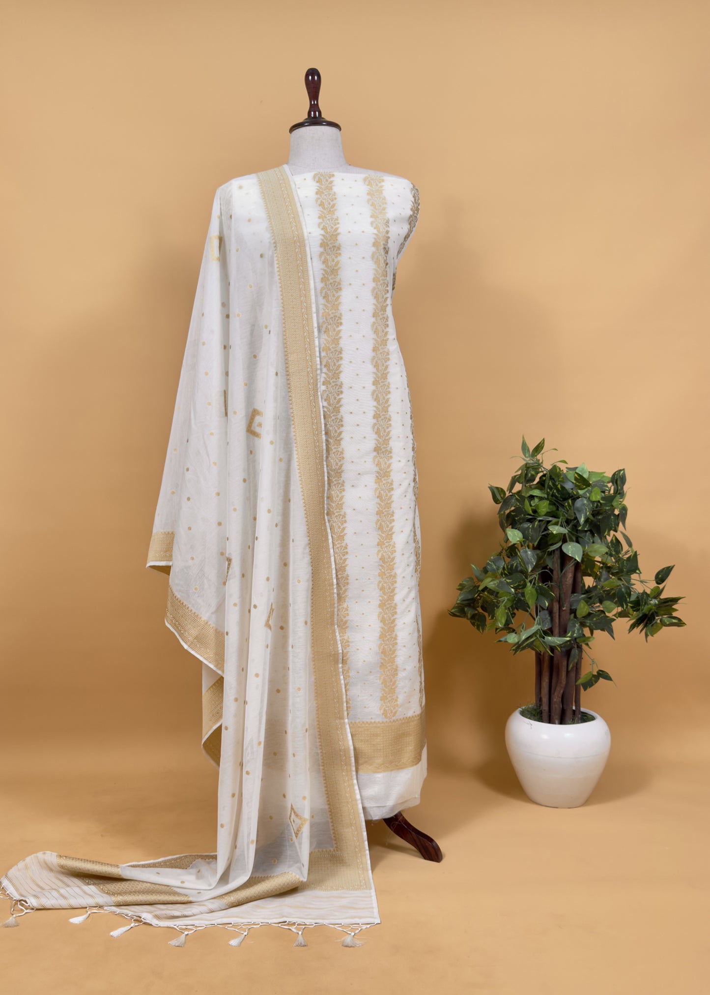 Pearl White And Pastel Blue Summers Banarasi Cotton Suit Set With Weaving