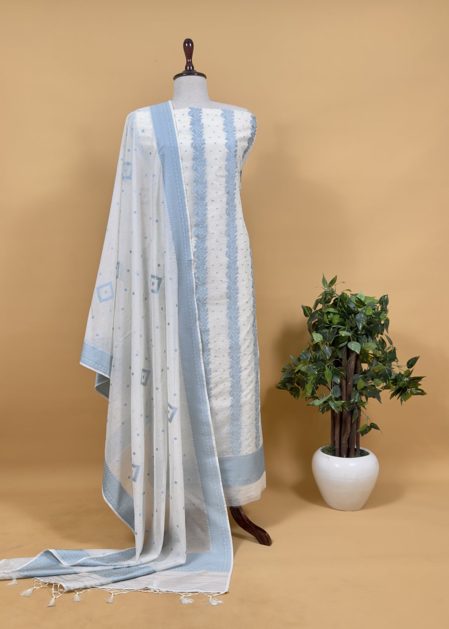 Pearl White And Pastel Blue Summers Banarasi Cotton Suit Set With Weaving