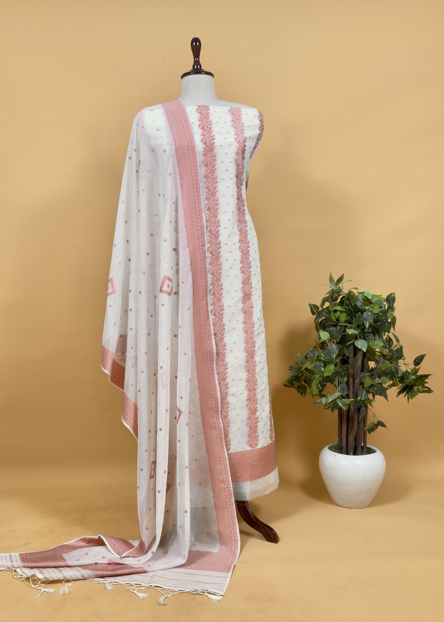Pearl White And Pastel Blue Summers Banarasi Cotton Suit Set With Weaving