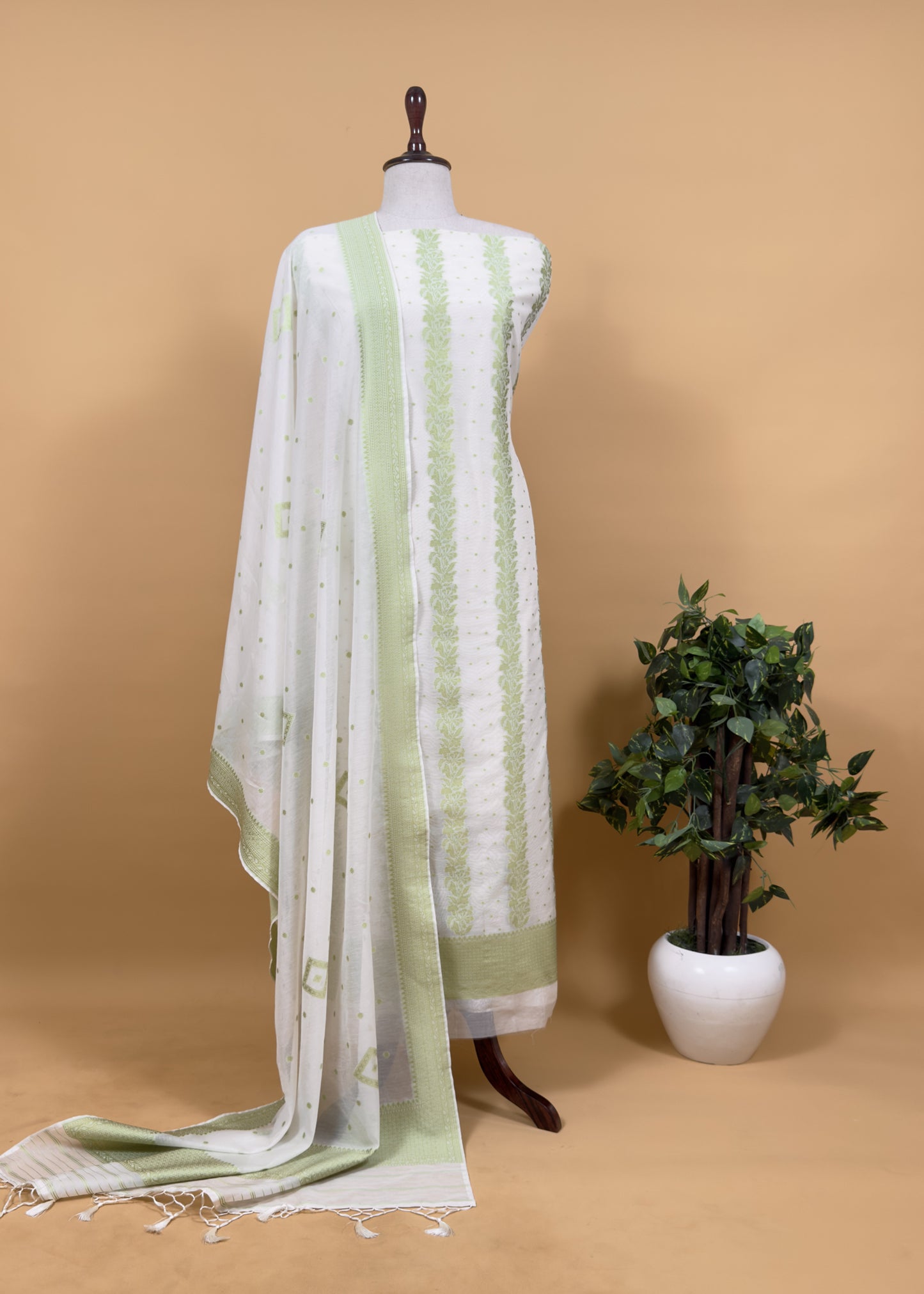Pearl White And Pastel Blue Summers Banarasi Cotton Suit Set With Weaving