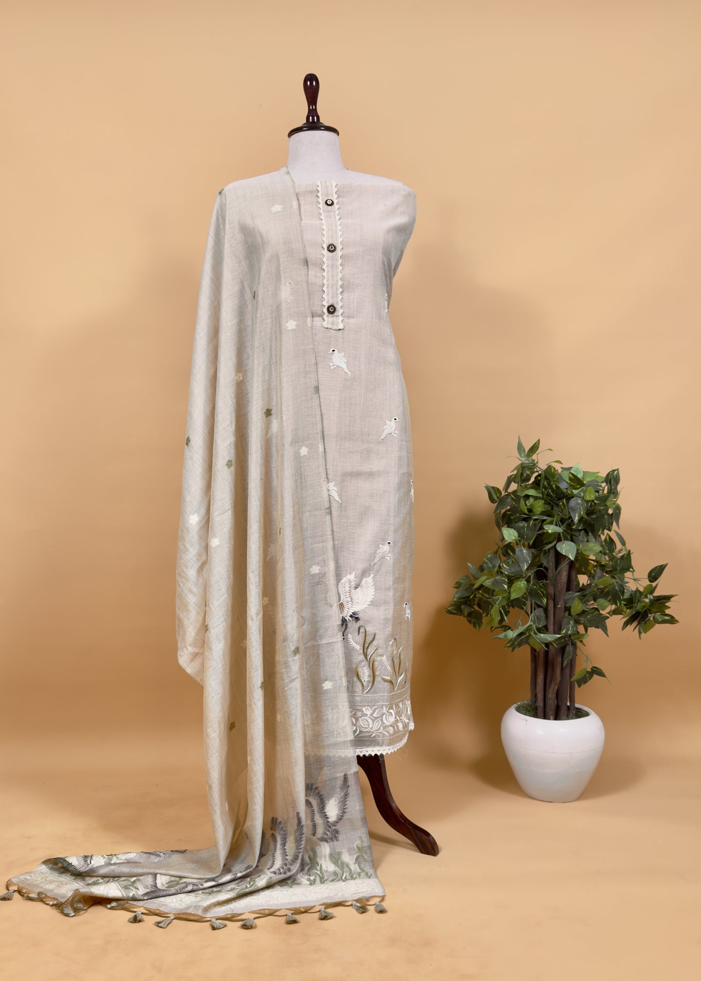 Fawn Flamingos Linen Chanderi Suit With Jamdani Weaving And Embroidery