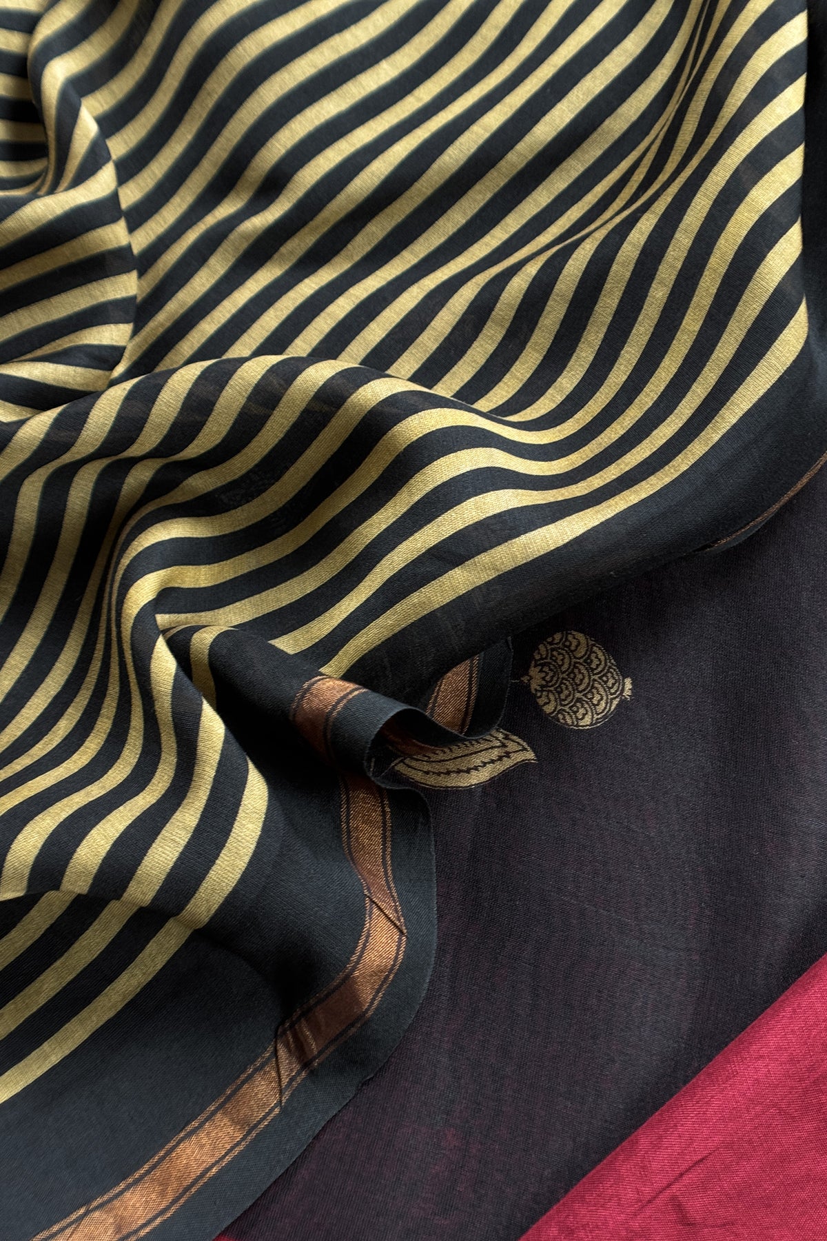 Black Maheshwari Silk Suit With Stripe Dupatta