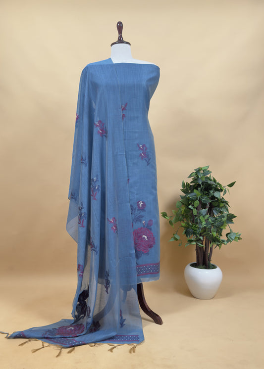 Denim Blue Floral Paradise Jute Linen Suit Fabric With Shaded Jamdani Weaving
