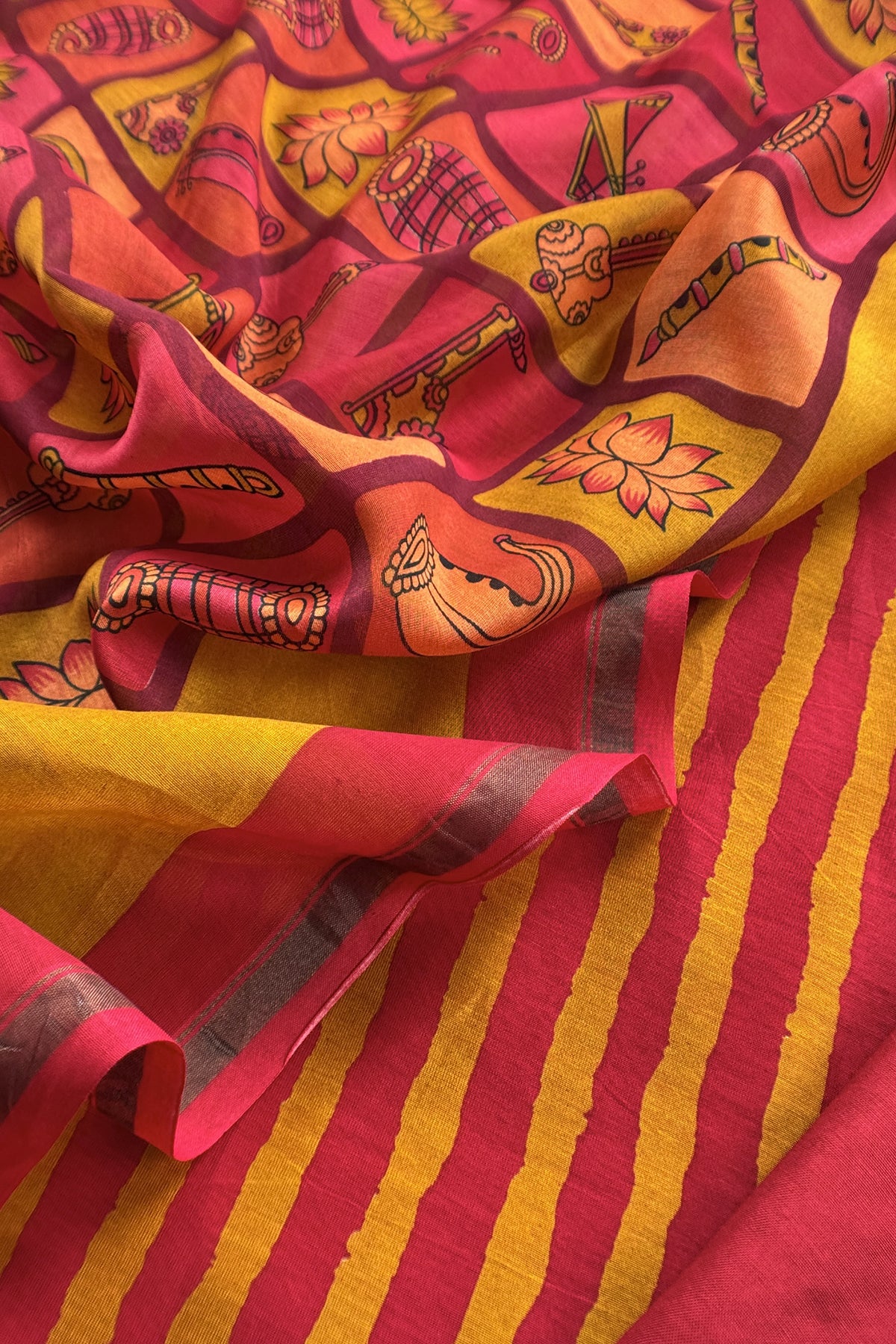 Red and Yellow Pure Maheshwari Silk suit With Hand-block Print Dupatta