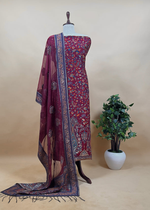 Light Blue Morpankh Handloom Silk Suit Fabric With Kani Weaving