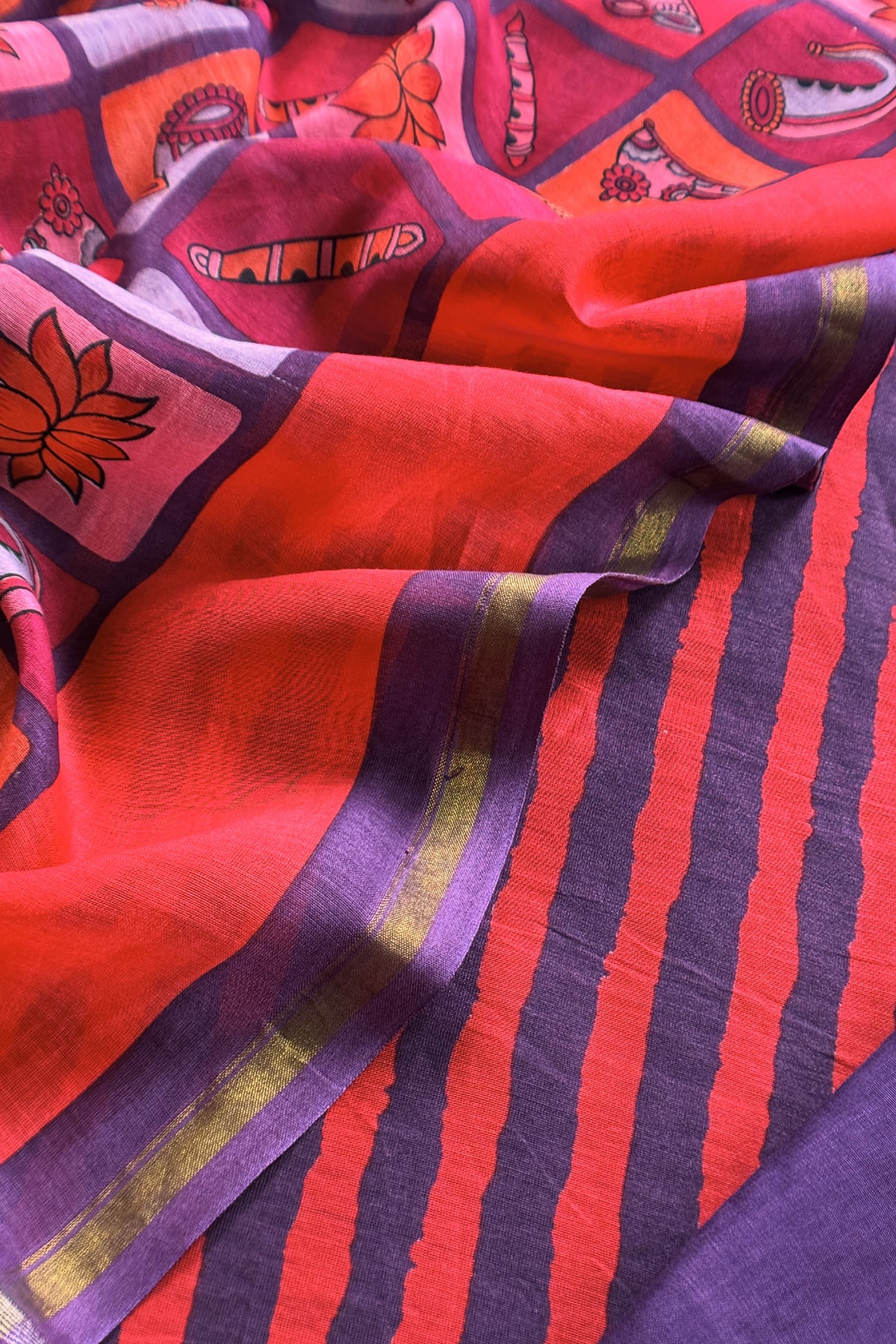 Blue and Red Pure Maheshwari Silk suit With Hand-block Print Dupatta