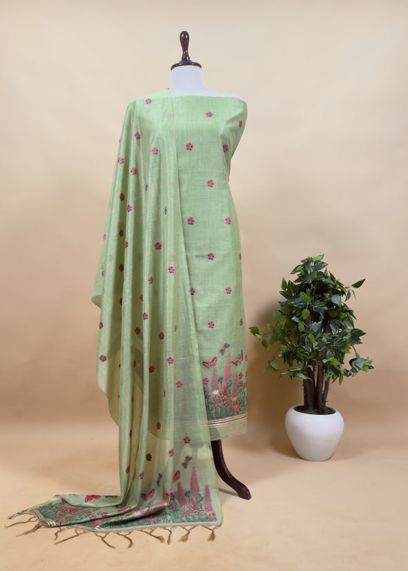 Peachy Orange Floral Paradise Jute Linen Suit Fabric With Shaded Jamdani Weaving