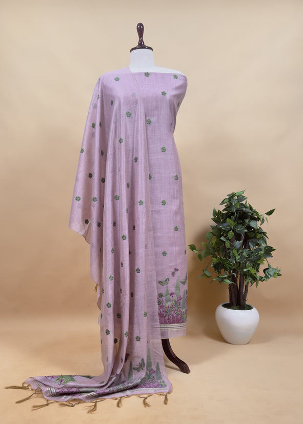 Peachy Orange Floral Paradise Jute Linen Suit Fabric With Shaded Jamdani Weaving