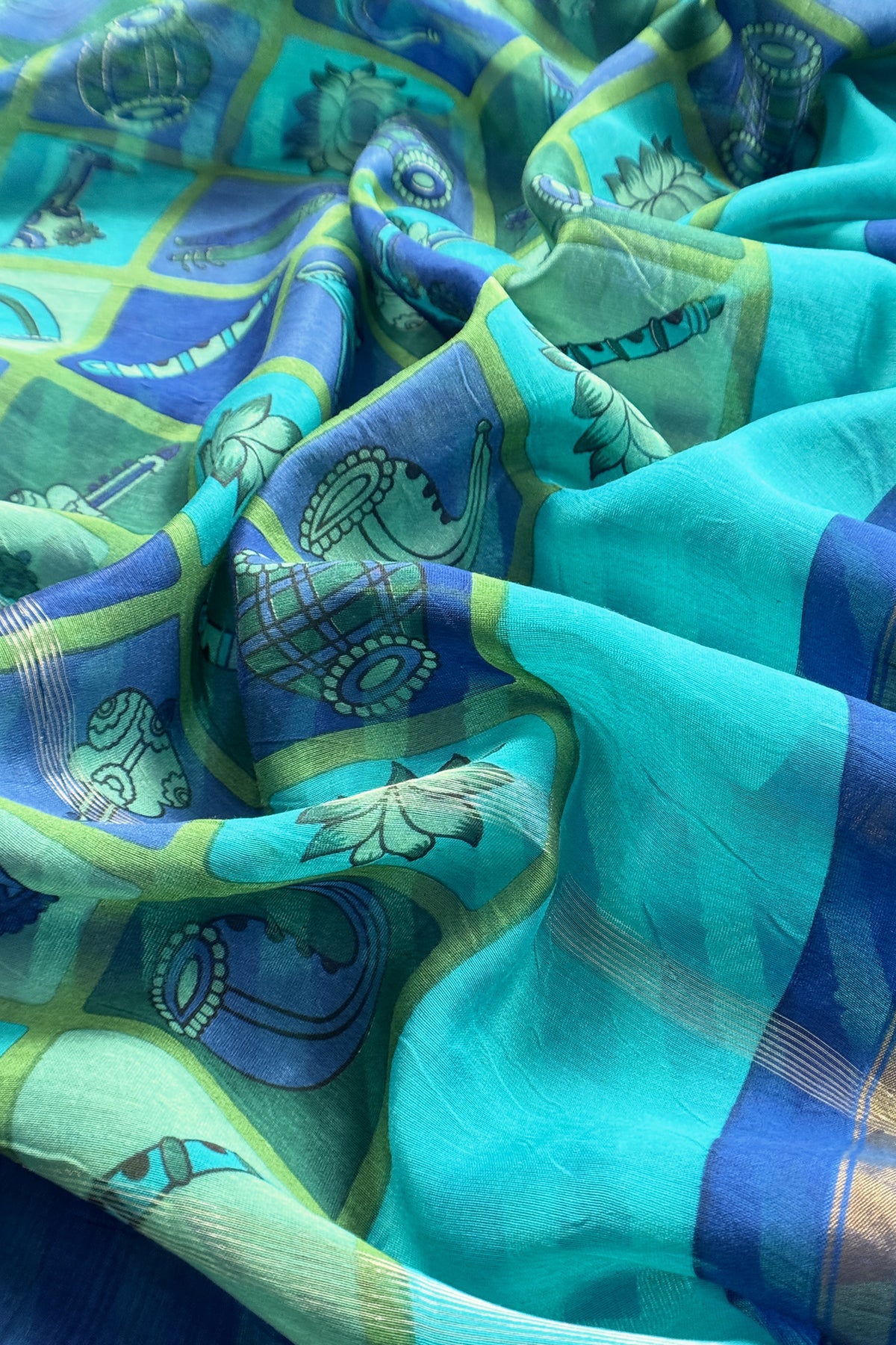 Turquoise and Blue Pure Maheshwari Silk suit With Hand-block Print Dupatta