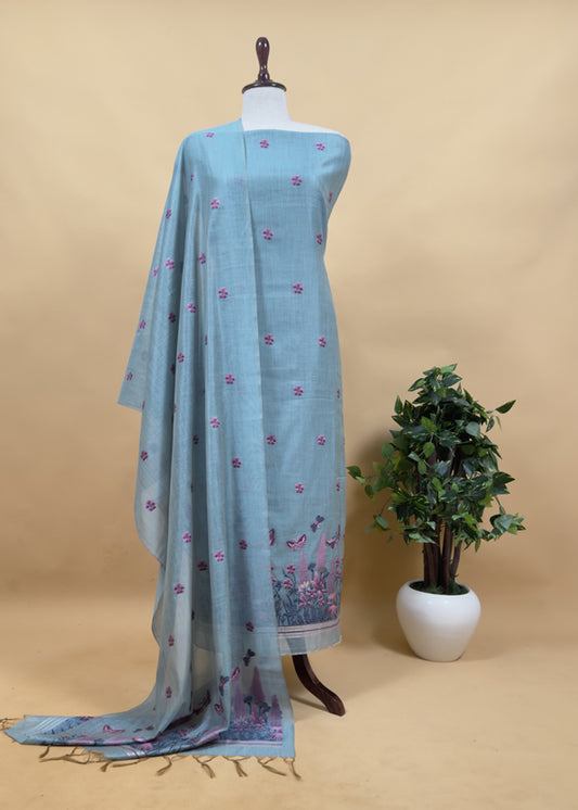 Sky Blue Floral Paradise Jute Linen Suit Fabric With Shaded Jamdani Weaving