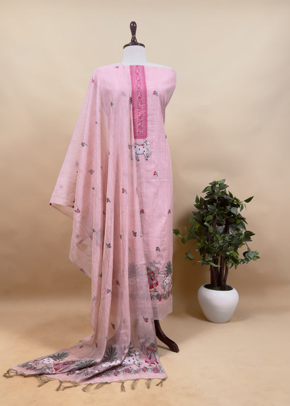 Beige Pichwai Jute Linen Suit Fabric With Shaded Jamdani Weaving