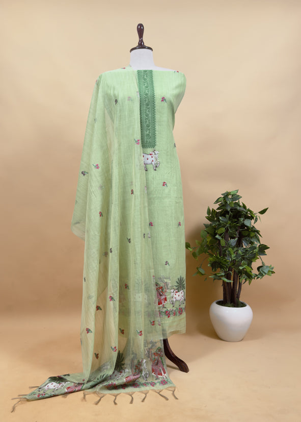 Beige Pichwai Jute Linen Suit Fabric With Shaded Jamdani Weaving