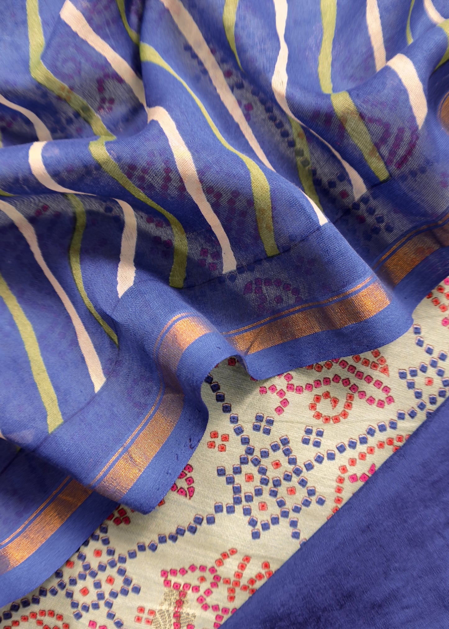 Mint And Blue Pure Maheshwari Silk Patola Kurta And Leheriya Dupatta With Banarasi Bootis