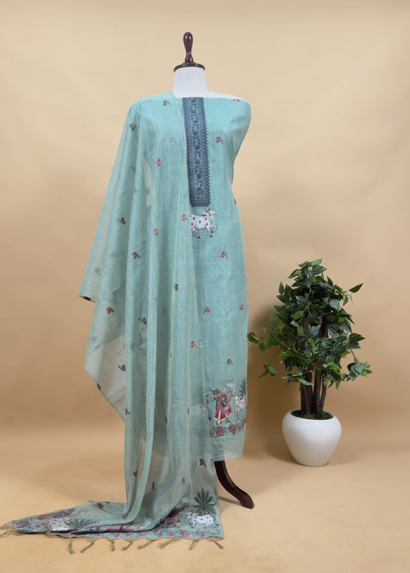 Beige Pichwai Jute Linen Suit Fabric With Shaded Jamdani Weaving