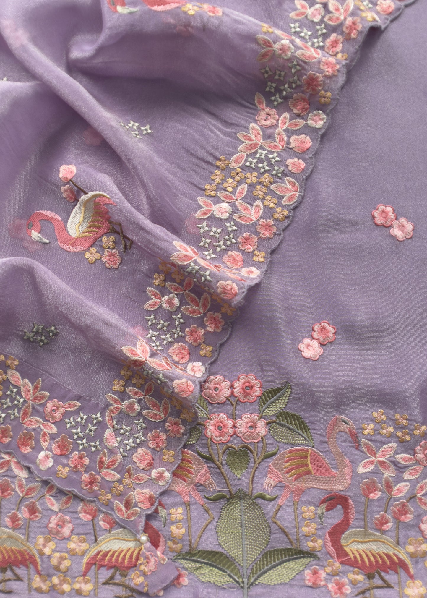 Mauve Flamingo Embroidered Unstitched Suit In Tissue Silk
