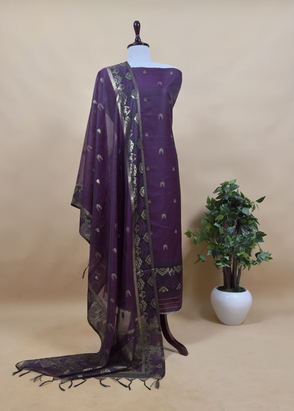 Saanjh Emerald Green Chanderi Silk Suit Fabric With Jamdani Weaving