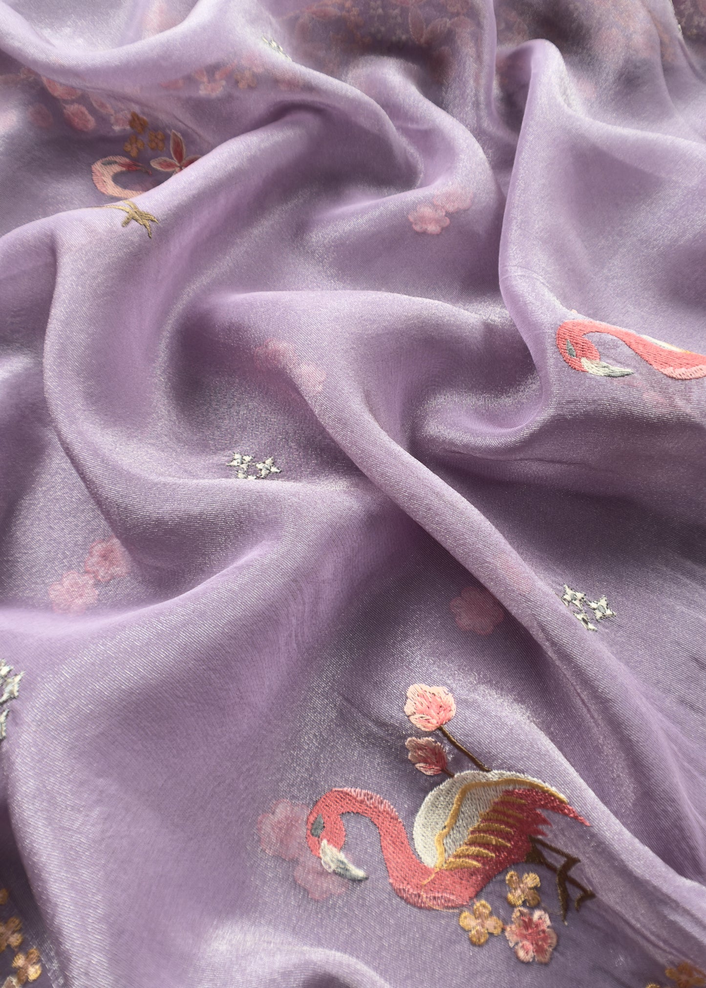 Mauve Flamingo Embroidered Unstitched Suit In Tissue Silk