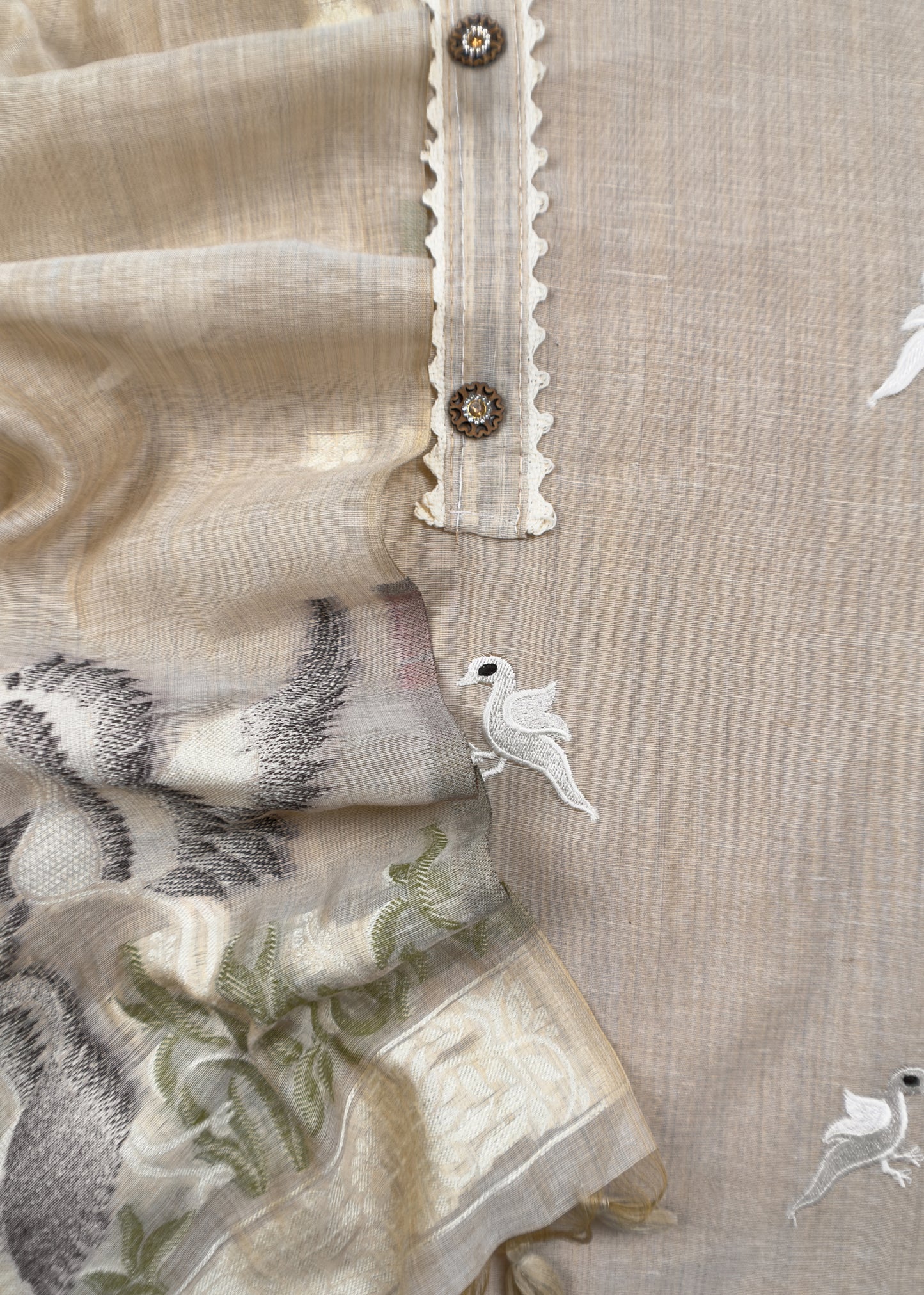 Fawn Flamingos Linen Chanderi Suit With Jamdani Weaving And Embroidery